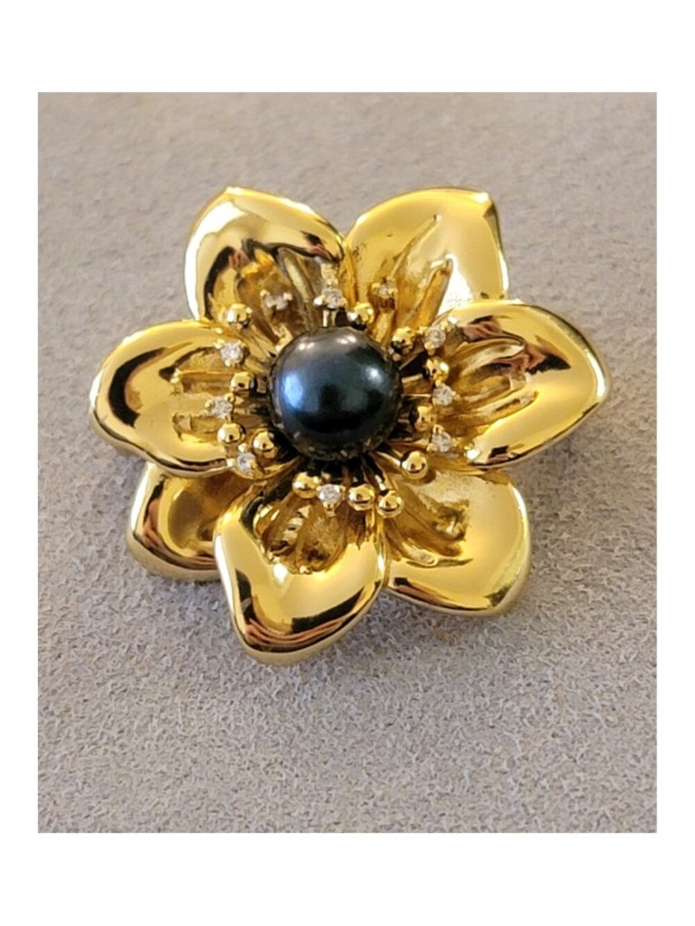 Sterling Silver Black Pearl Flower Brooch Lab Grown Diamonds NWT